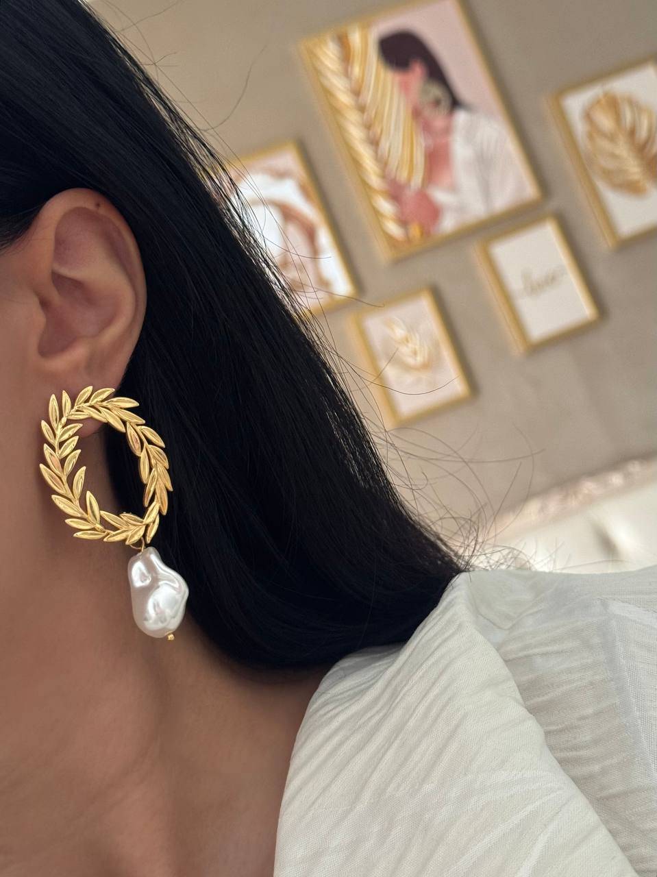گوشواره طرح گندم(صلح) آویز مروارید وارداتی